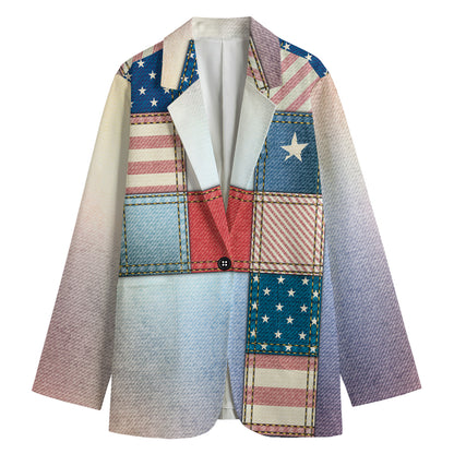 4th of July USA Denim Patchwork Print Women's Blazer