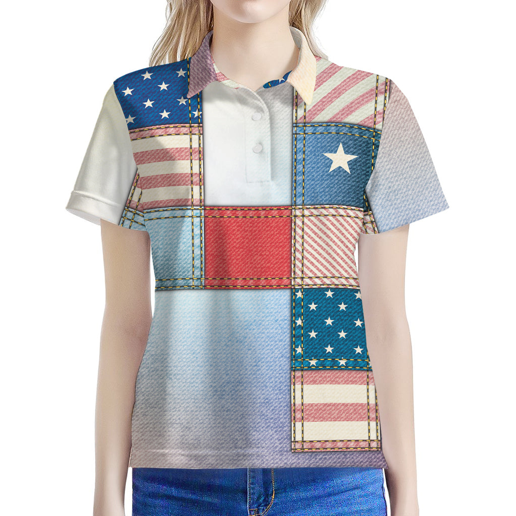 4th of July USA Denim Patchwork Print Women's Polo Shirt