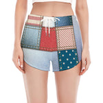 4th of July USA Denim Patchwork Print Women's Split Running Shorts