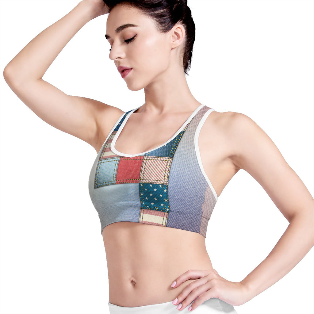 4th of July USA Denim Patchwork Print Women's Sports Bra