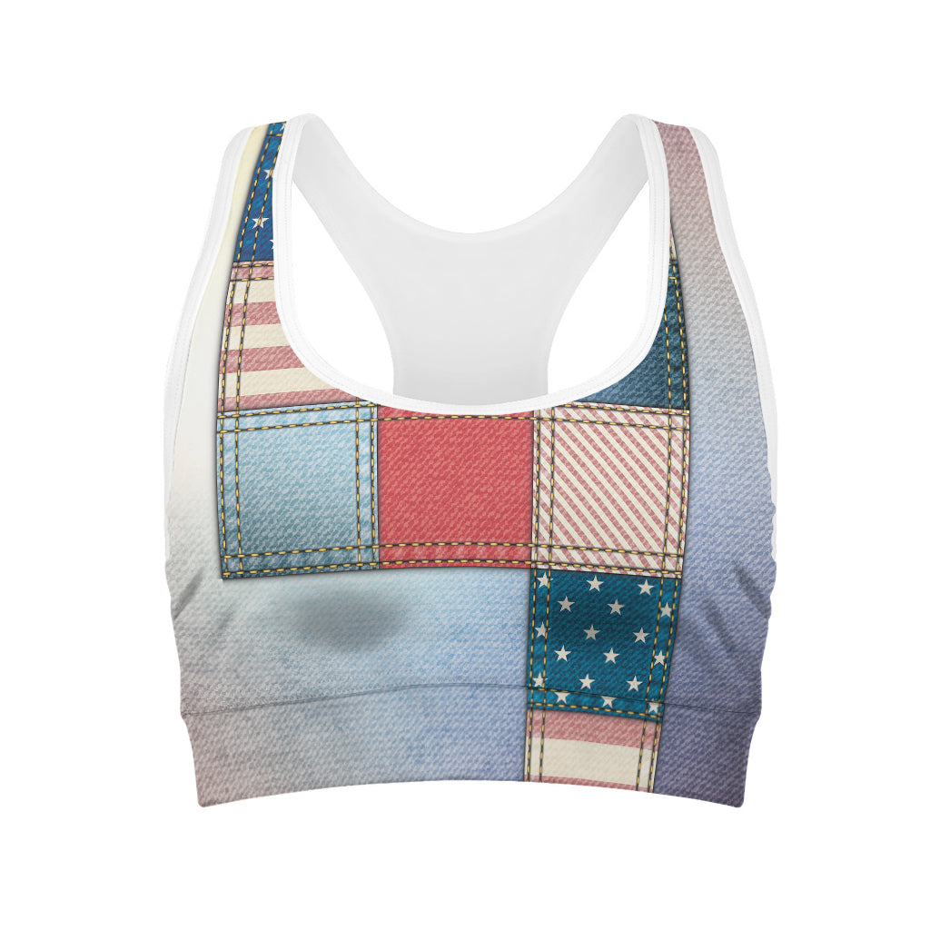 4th of July USA Denim Patchwork Print Women's Sports Bra