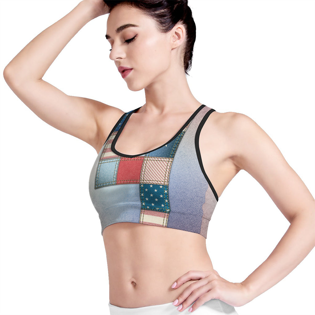 4th of July USA Denim Patchwork Print Women's Sports Bra