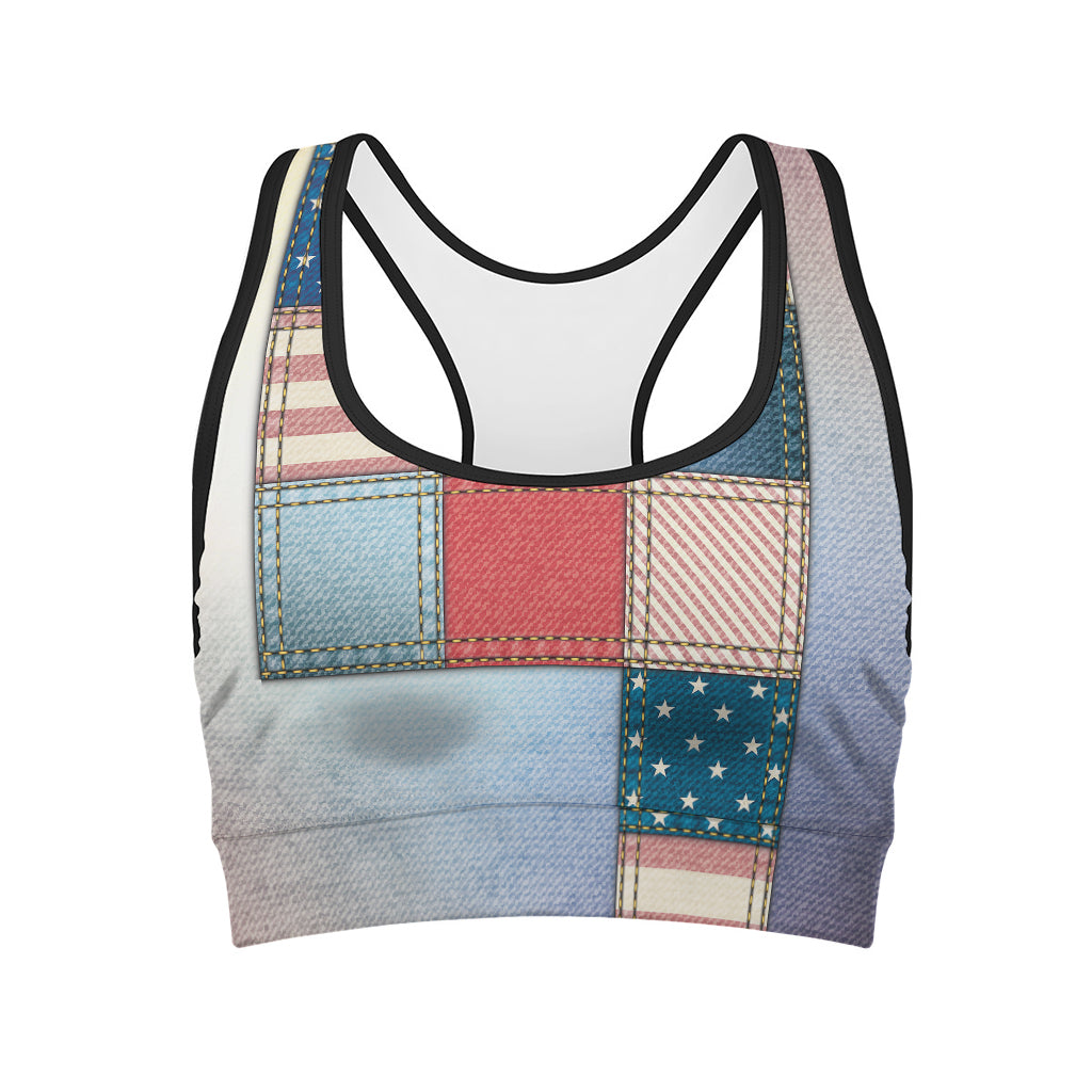 4th of July USA Denim Patchwork Print Women's Sports Bra