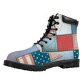 4th of July USA Denim Patchwork Print Padded Collar Lace Up Boots