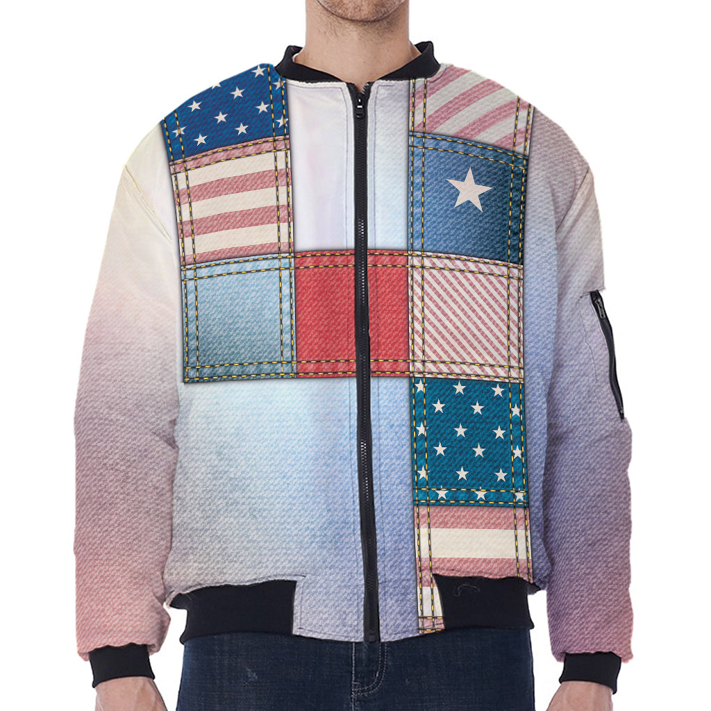 4th of July USA Denim Patchwork Print Zip Sleeve Bomber Jacket