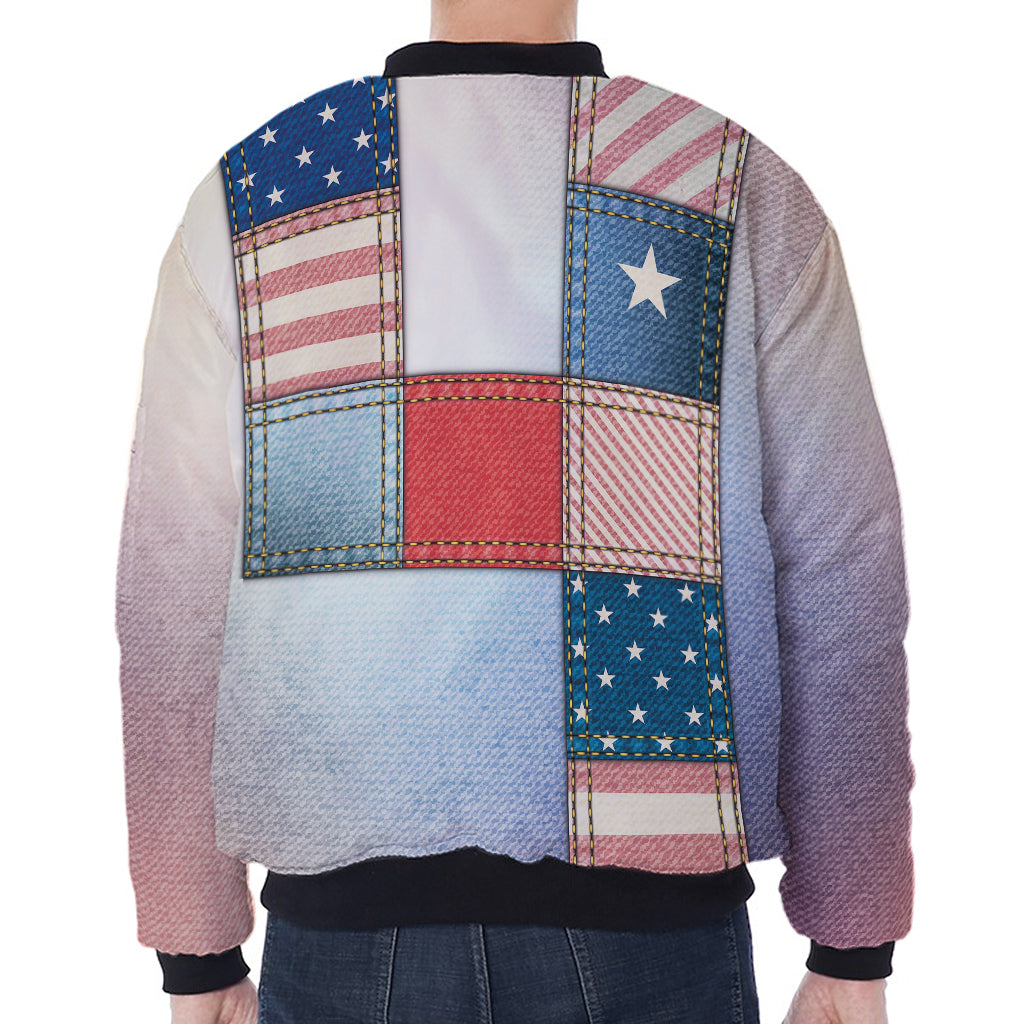 4th of July USA Denim Patchwork Print Zip Sleeve Bomber Jacket