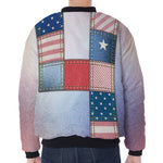 4th of July USA Denim Patchwork Print Zip Sleeve Bomber Jacket