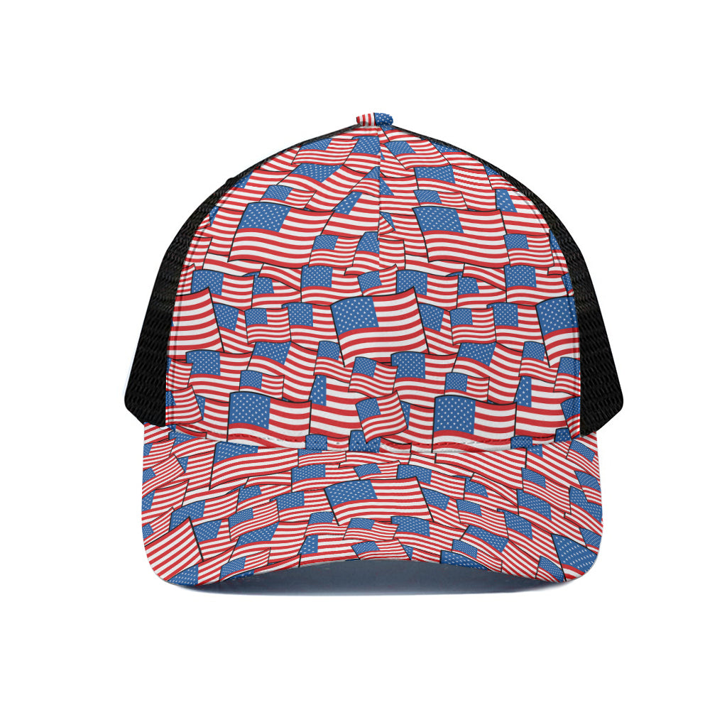 4th of July USA Flag Pattern Print Black Mesh Trucker Cap