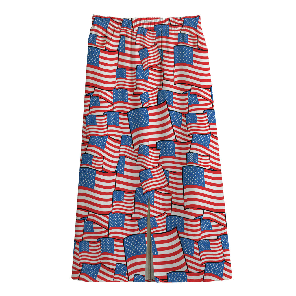 4th of July USA Flag Pattern Print Cotton Front Slit Maxi Skirt