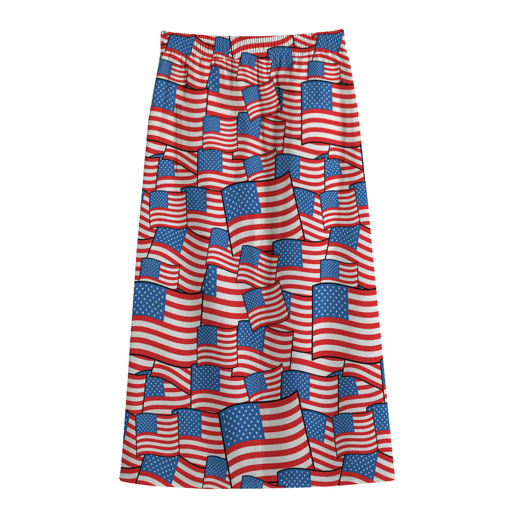 4th of July USA Flag Pattern Print Cotton Front Slit Maxi Skirt