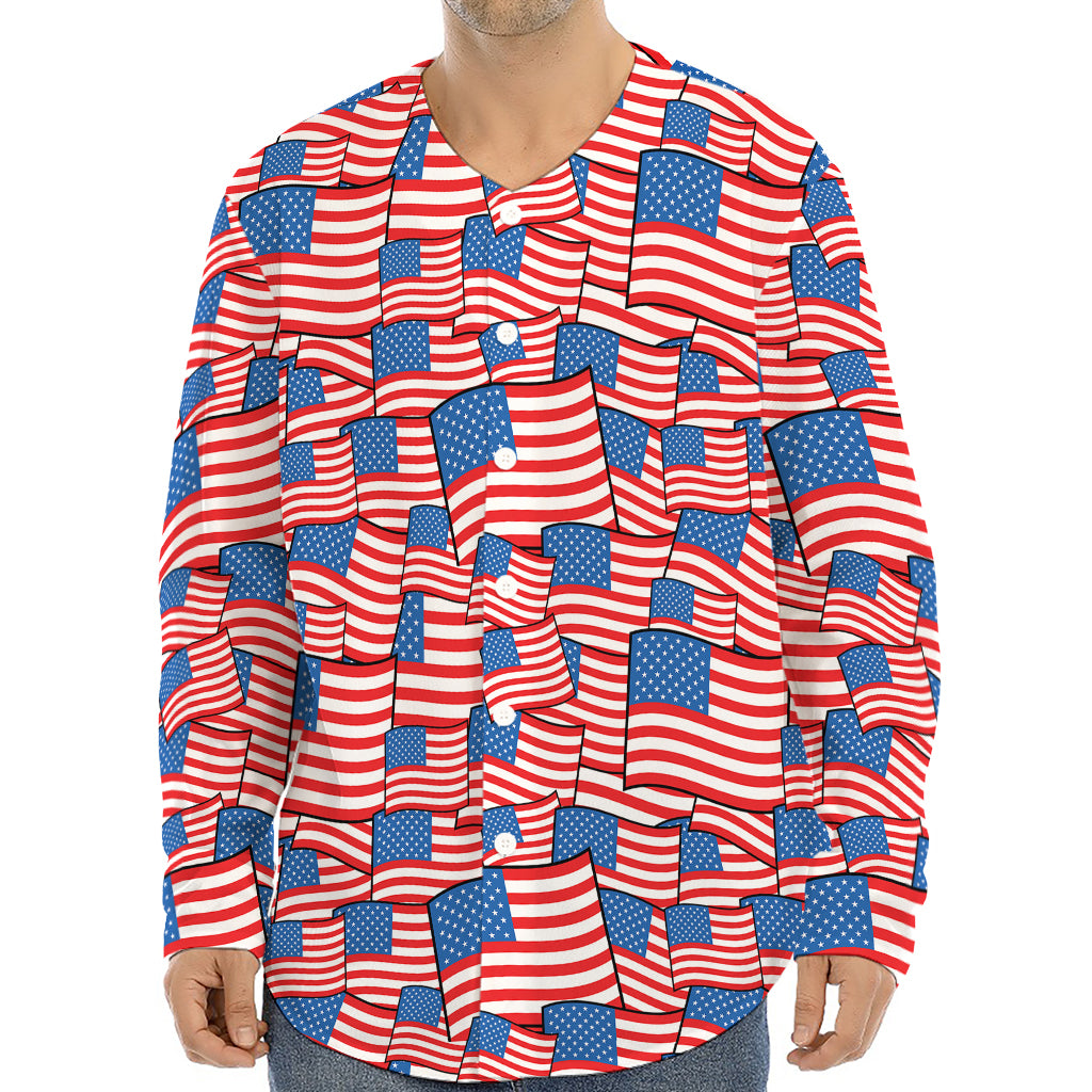 4th of July USA Flag Pattern Print Long Sleeve Baseball Jersey