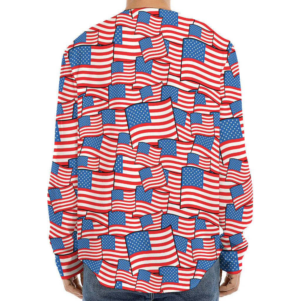 4th of July USA Flag Pattern Print Long Sleeve Baseball Jersey