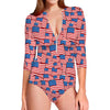 4th of July USA Flag Pattern Print Long Sleeve Swimsuit