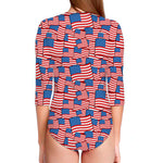 4th of July USA Flag Pattern Print Long Sleeve Swimsuit