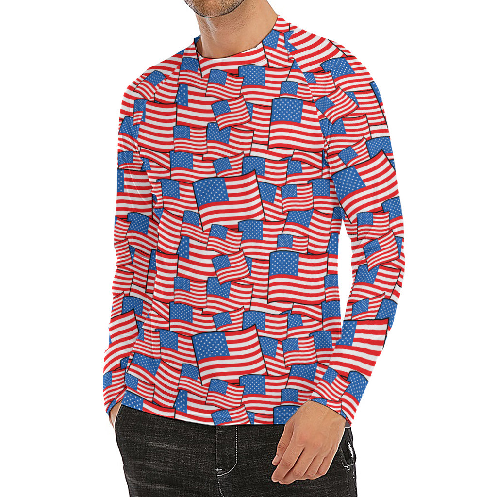 4th of July USA Flag Pattern Print Men's Long Sleeve Rash Guard