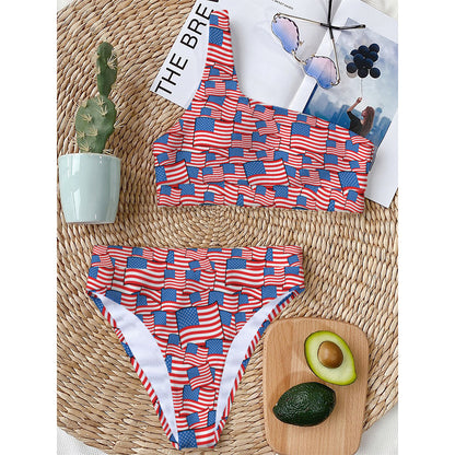 4th of July USA Flag Pattern Print One Shoulder Bikini Top