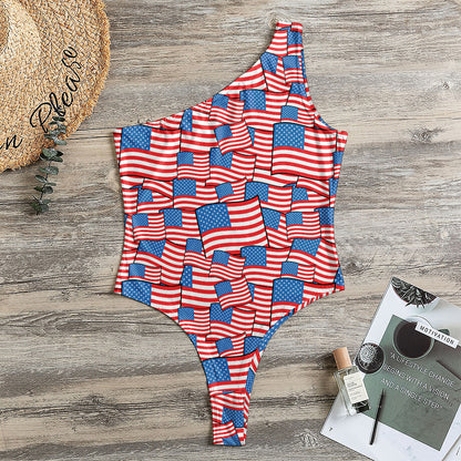 4th of July USA Flag Pattern Print One Shoulder Bodysuit