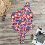 4th of July USA Flag Pattern Print One Shoulder Bodysuit
