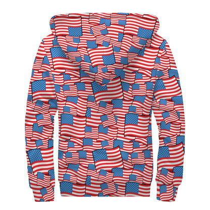 4th of July USA Flag Pattern Print Sherpa Lined Zip Up Hoodie