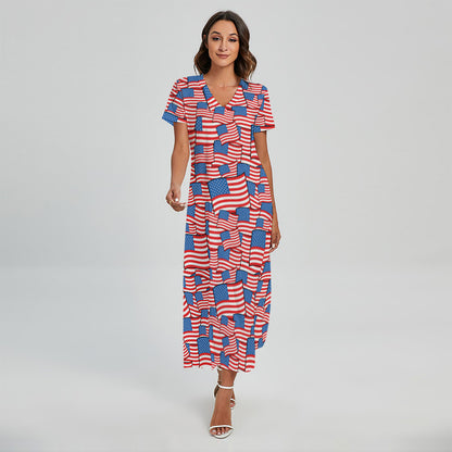 4th of July USA Flag Pattern Print Short Sleeve Maxi Dress