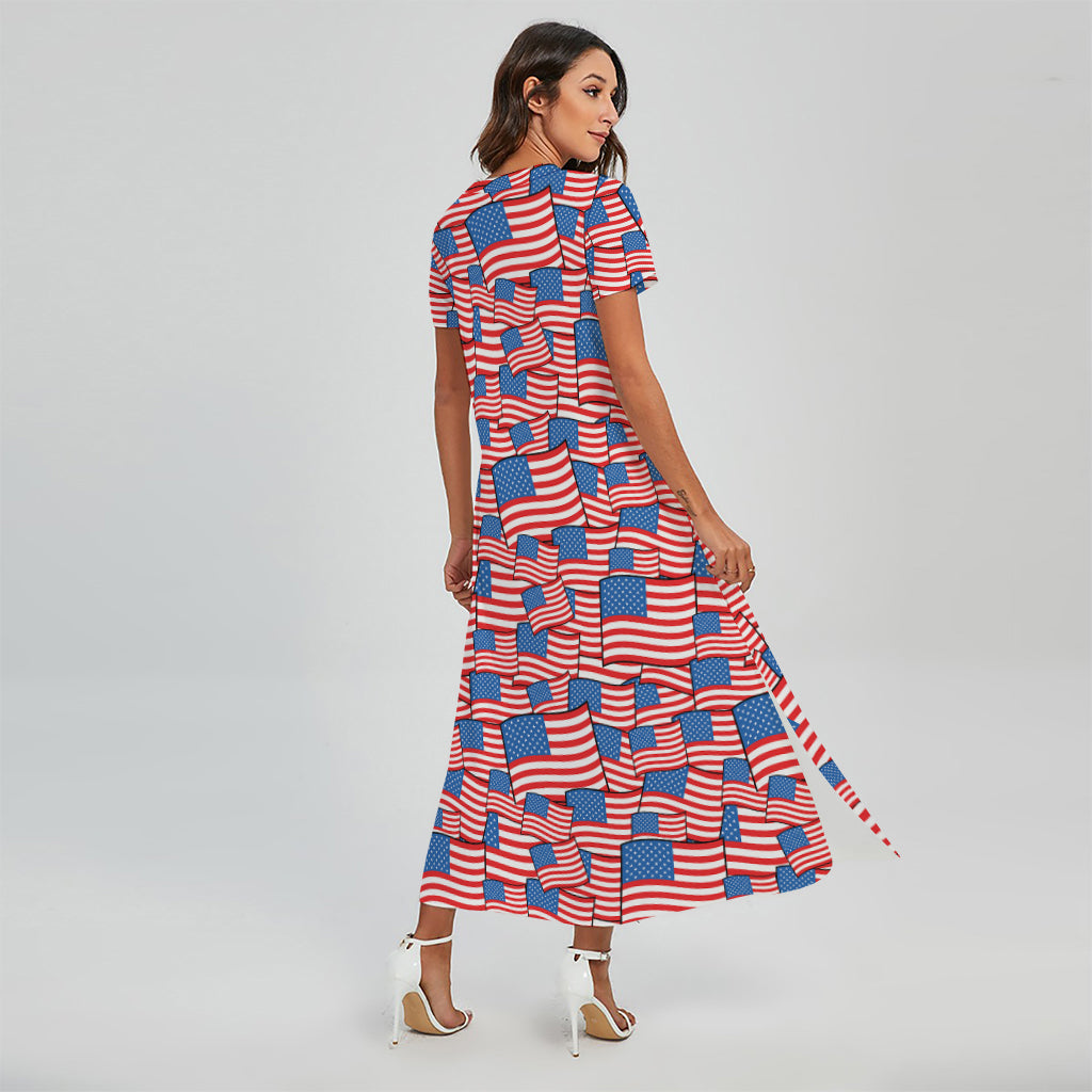 4th of July USA Flag Pattern Print Short Sleeve Maxi Dress