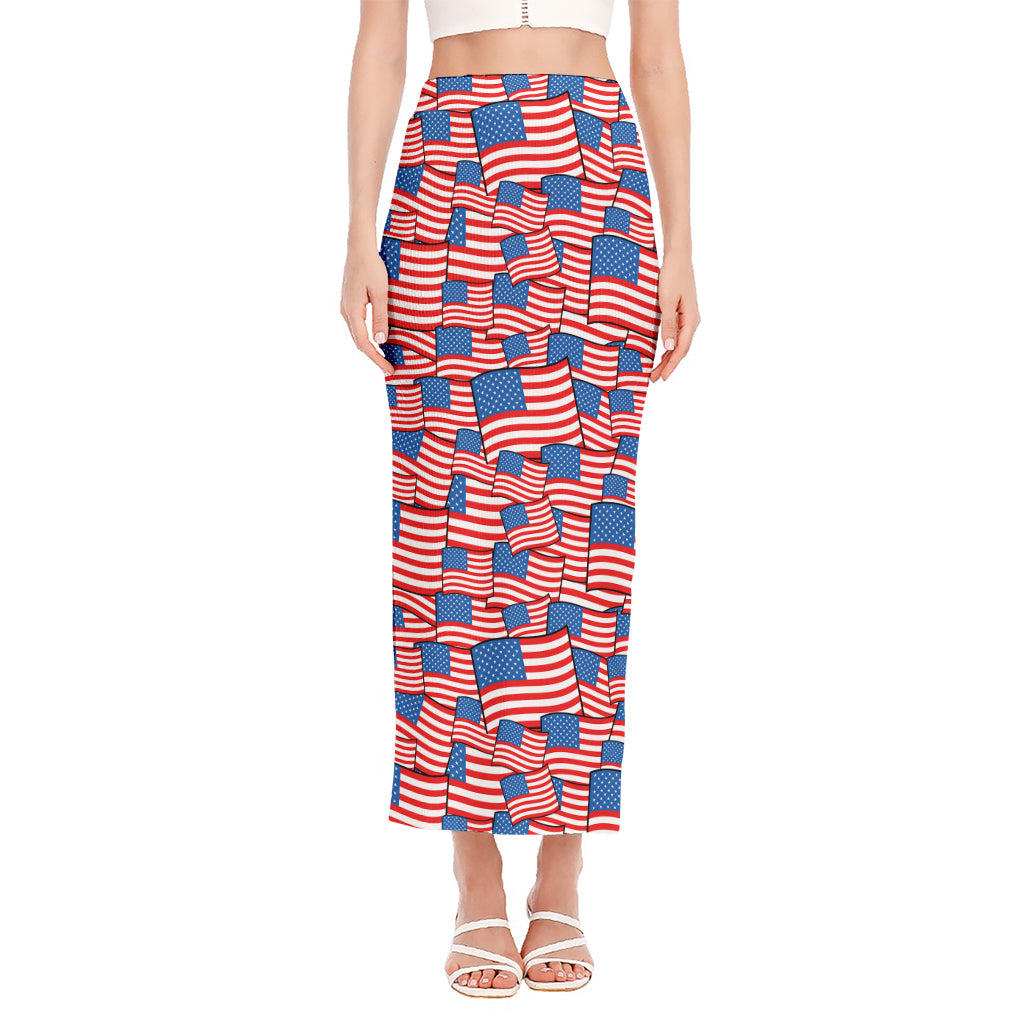 4th of July USA Flag Pattern Print Side Slit Maxi Skirt