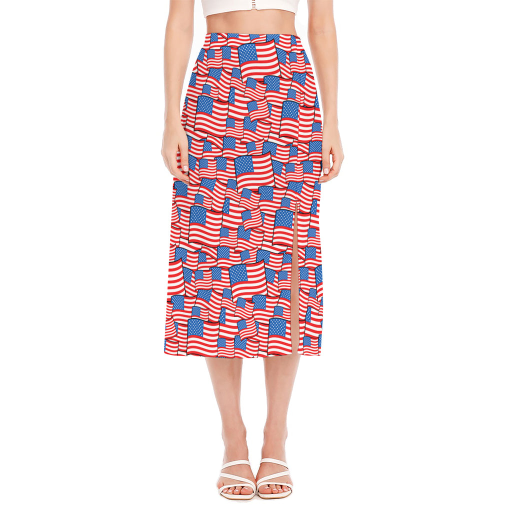 4th of July USA Flag Pattern Print Side Slit Midi Skirt