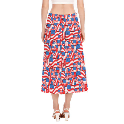 4th of July USA Flag Pattern Print Side Slit Midi Skirt