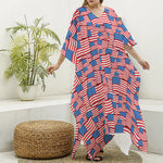 4th of July USA Flag Pattern Print Silk V-Neck Kaftan Dress