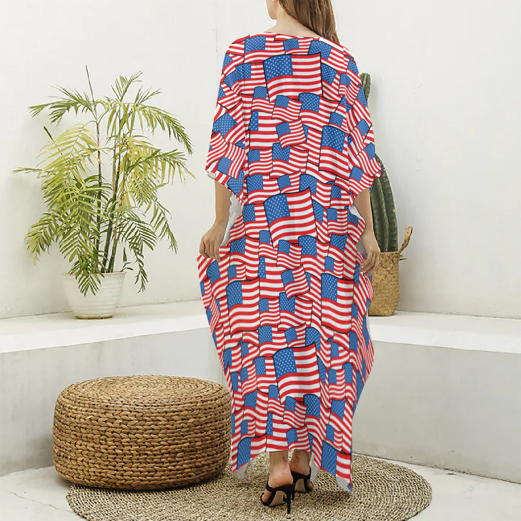 4th of July USA Flag Pattern Print Silk V-Neck Kaftan Dress