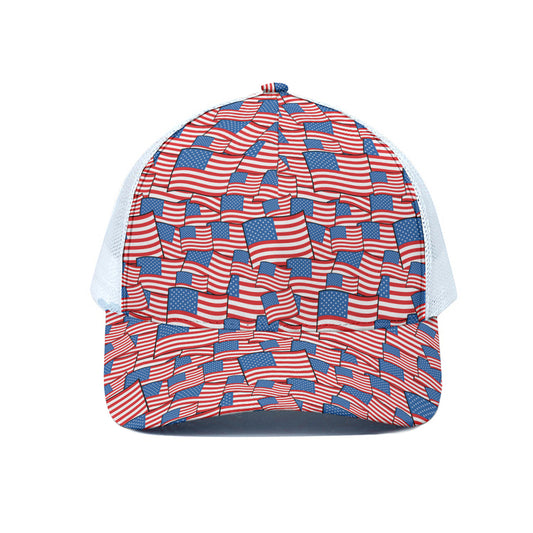 4th of July USA Flag Pattern Print White Mesh Trucker Cap