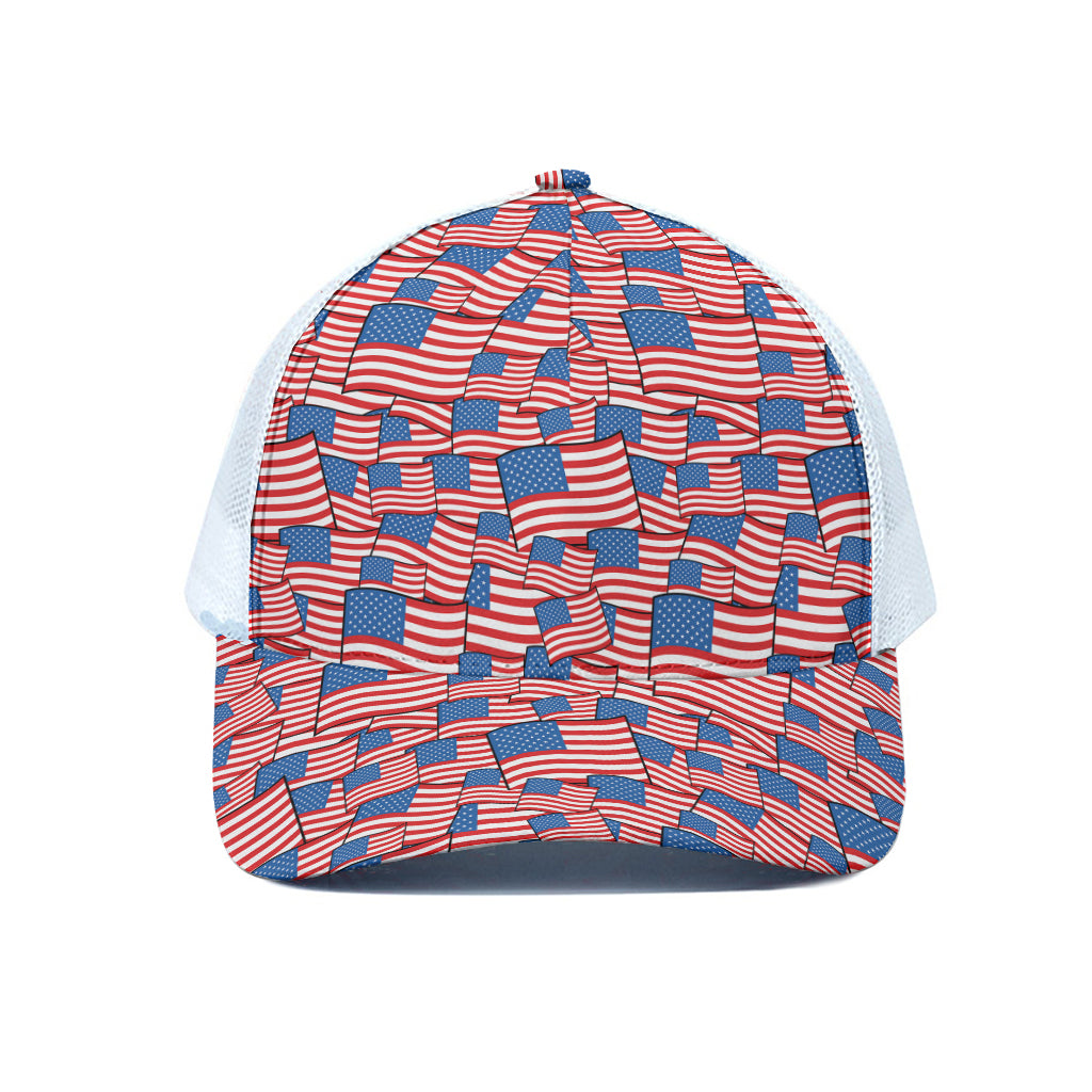 4th of July USA Flag Pattern Print White Mesh Trucker Cap