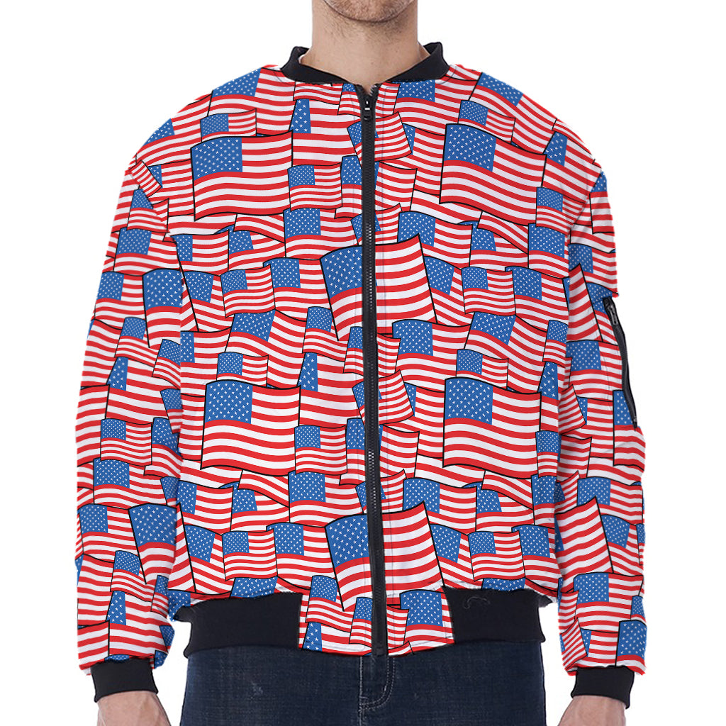 4th of July USA Flag Pattern Print Zip Sleeve Bomber Jacket