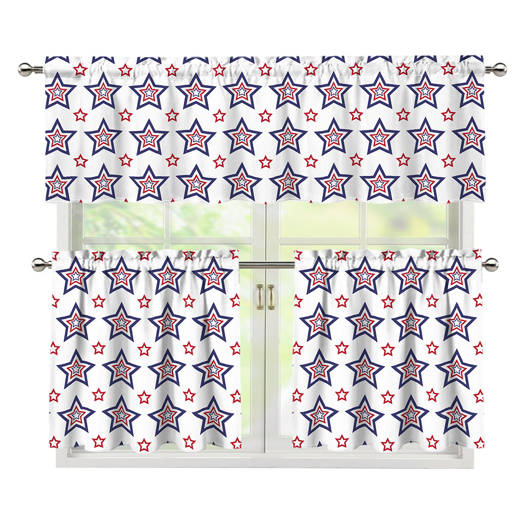 4th of July USA Star Pattern Print 3 Piece Kitchen Curtains