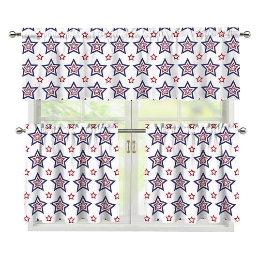 4th of July USA Star Pattern Print 3 Piece Kitchen Curtains