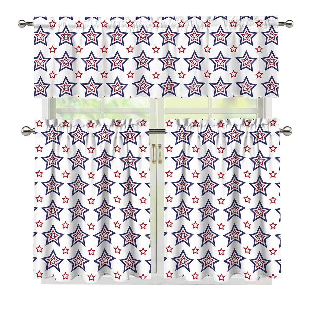 4th of July USA Star Pattern Print 3 Piece Kitchen Curtains