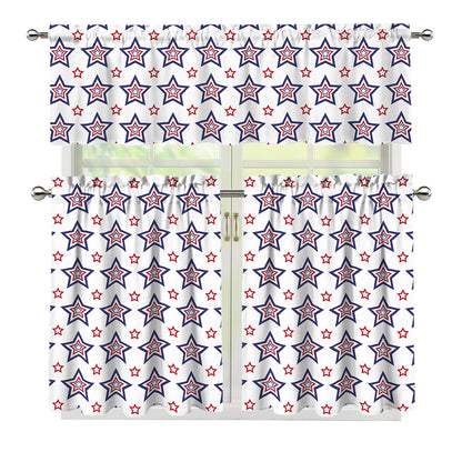 4th of July USA Star Pattern Print 3 Piece Kitchen Curtains