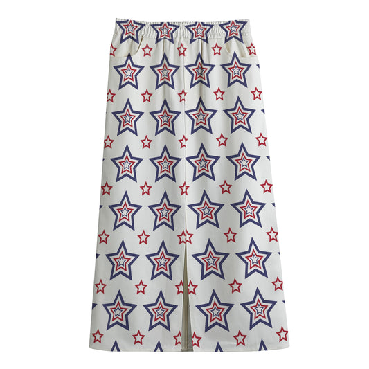 4th of July USA Star Pattern Print Cotton Front Slit Maxi Skirt