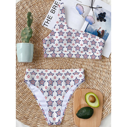 4th of July USA Star Pattern Print One Shoulder Bikini Top