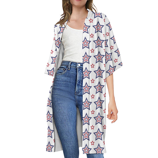 4th of July USA Star Pattern Print Open Front Beach Cover Up