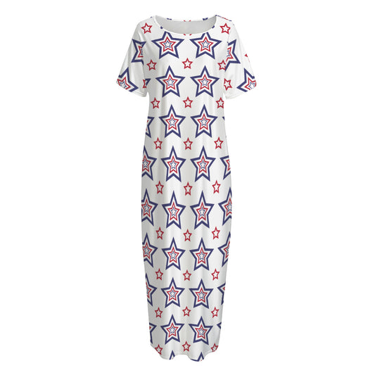 4th of July USA Star Pattern Print Short Sleeve Long Nightdress