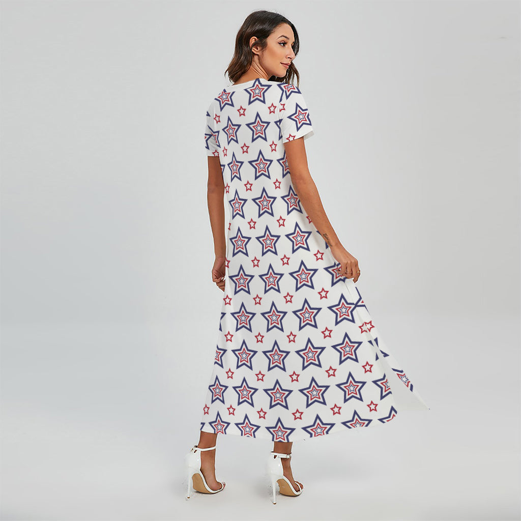 chinese dress ladies 4th of July USA Star Pattern Print Short Sleeve Maxi Dress