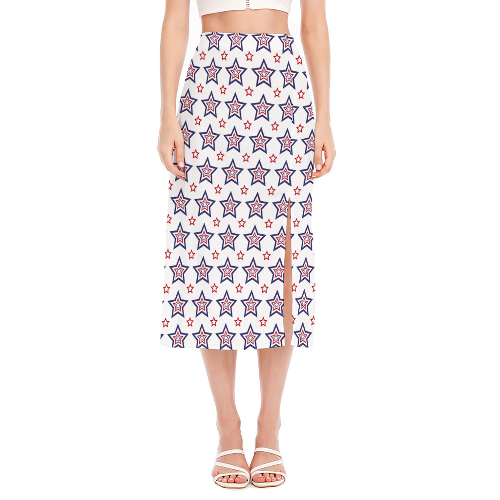 4th of July USA Star Pattern Print Side Slit Midi Skirt