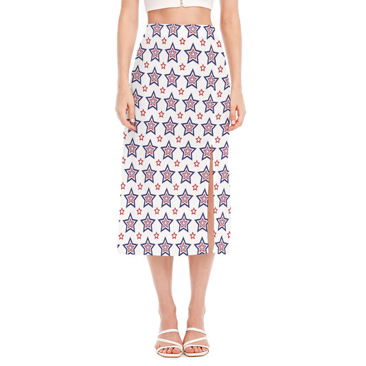 4th of July USA Star Pattern Print Side Slit Midi Skirt