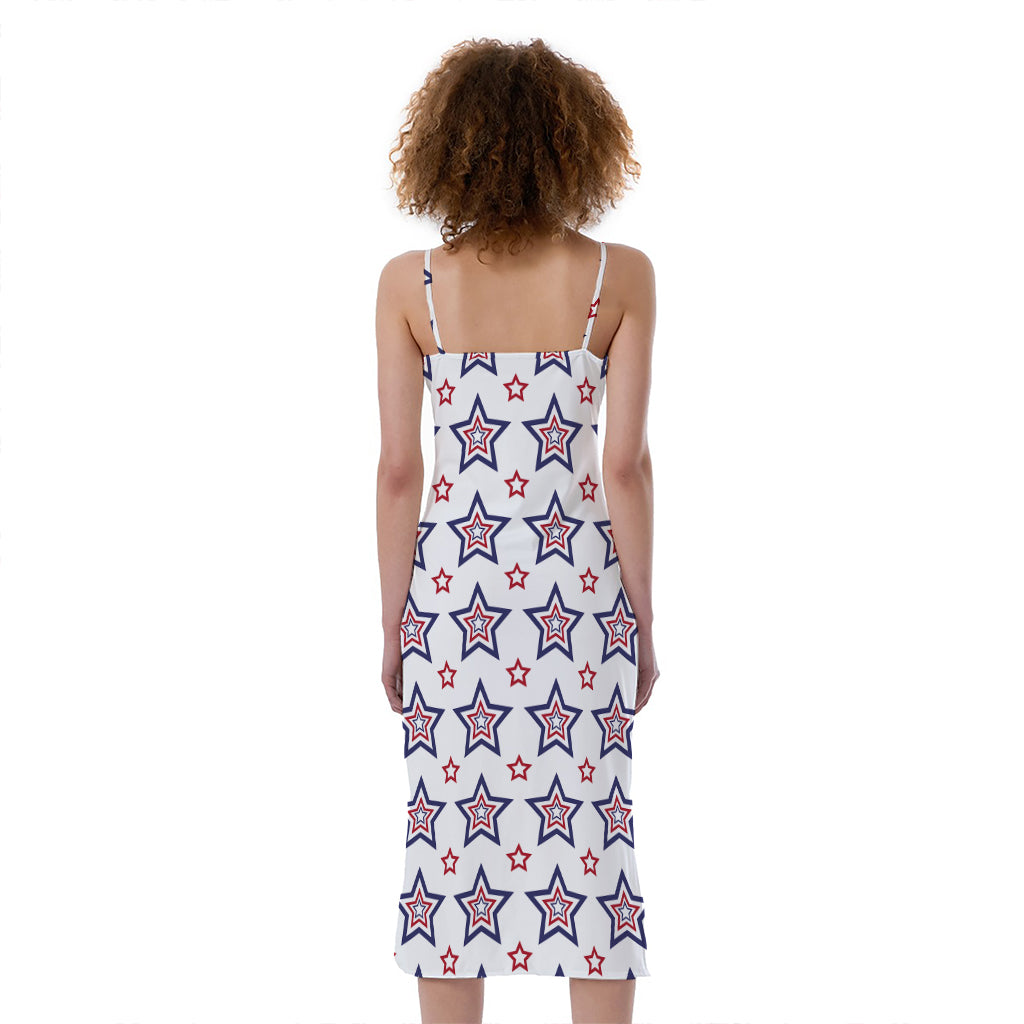 4th of July USA Star Pattern Print Slim Fit Midi Cami Dress