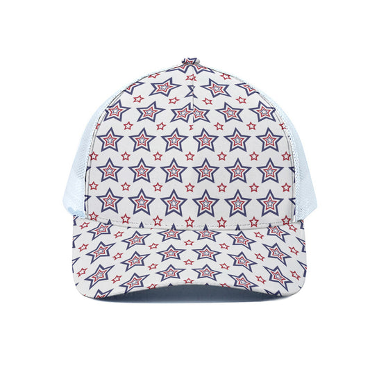 4th of July USA Star Pattern Print White Mesh Trucker Cap