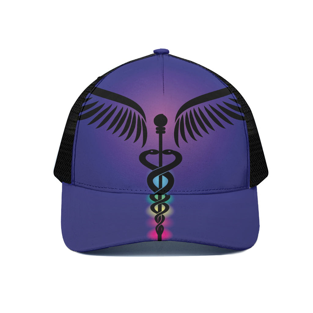7 Chakras Caduceus Print Black Mesh Trucker Cap