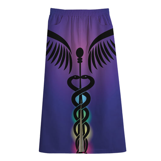 7 Chakras Caduceus Print Cotton Front Slit Maxi Skirt
