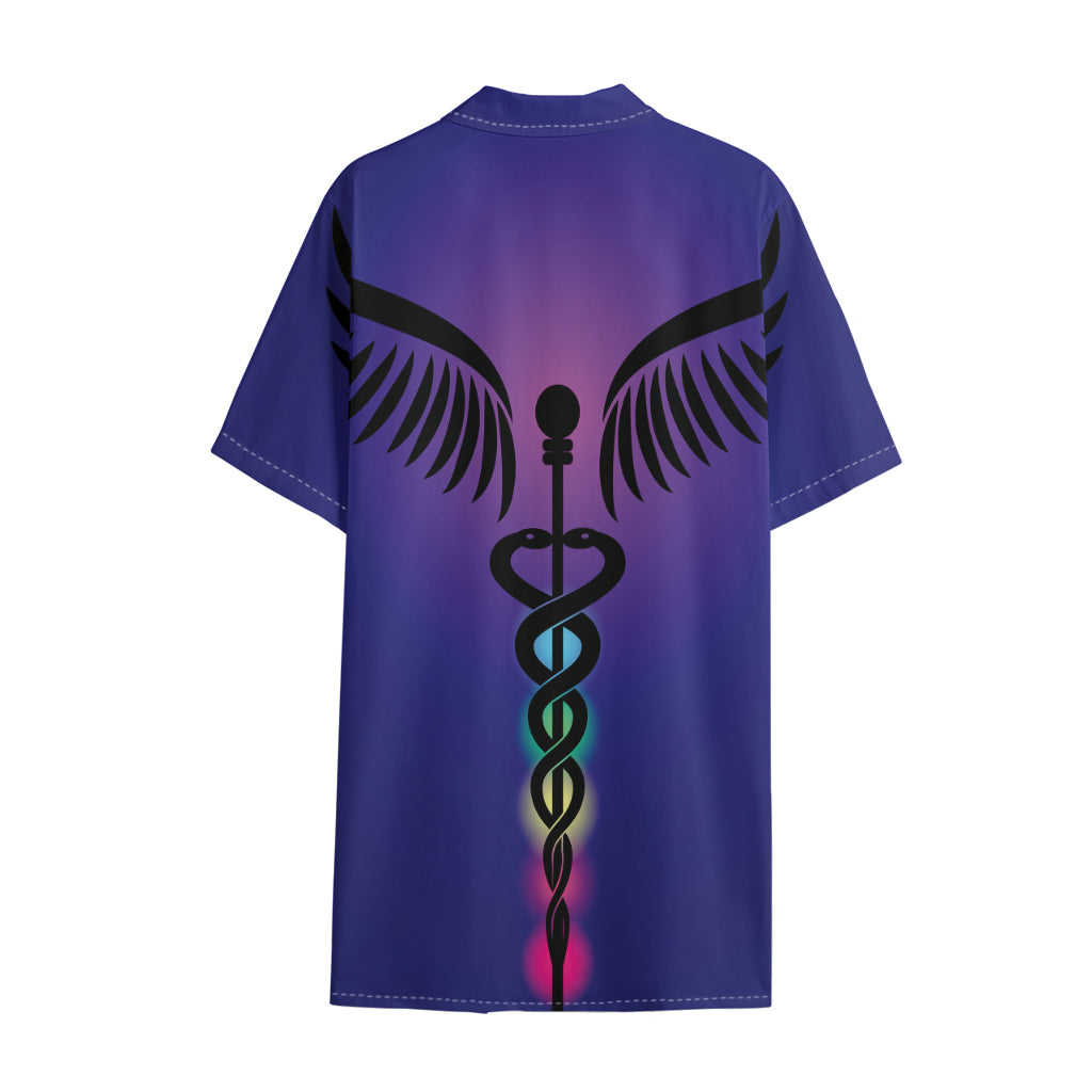 7 Chakras Caduceus Print Cotton Hawaiian Shirt