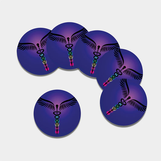 7 Chakras Caduceus Print Leather Coaster Set
